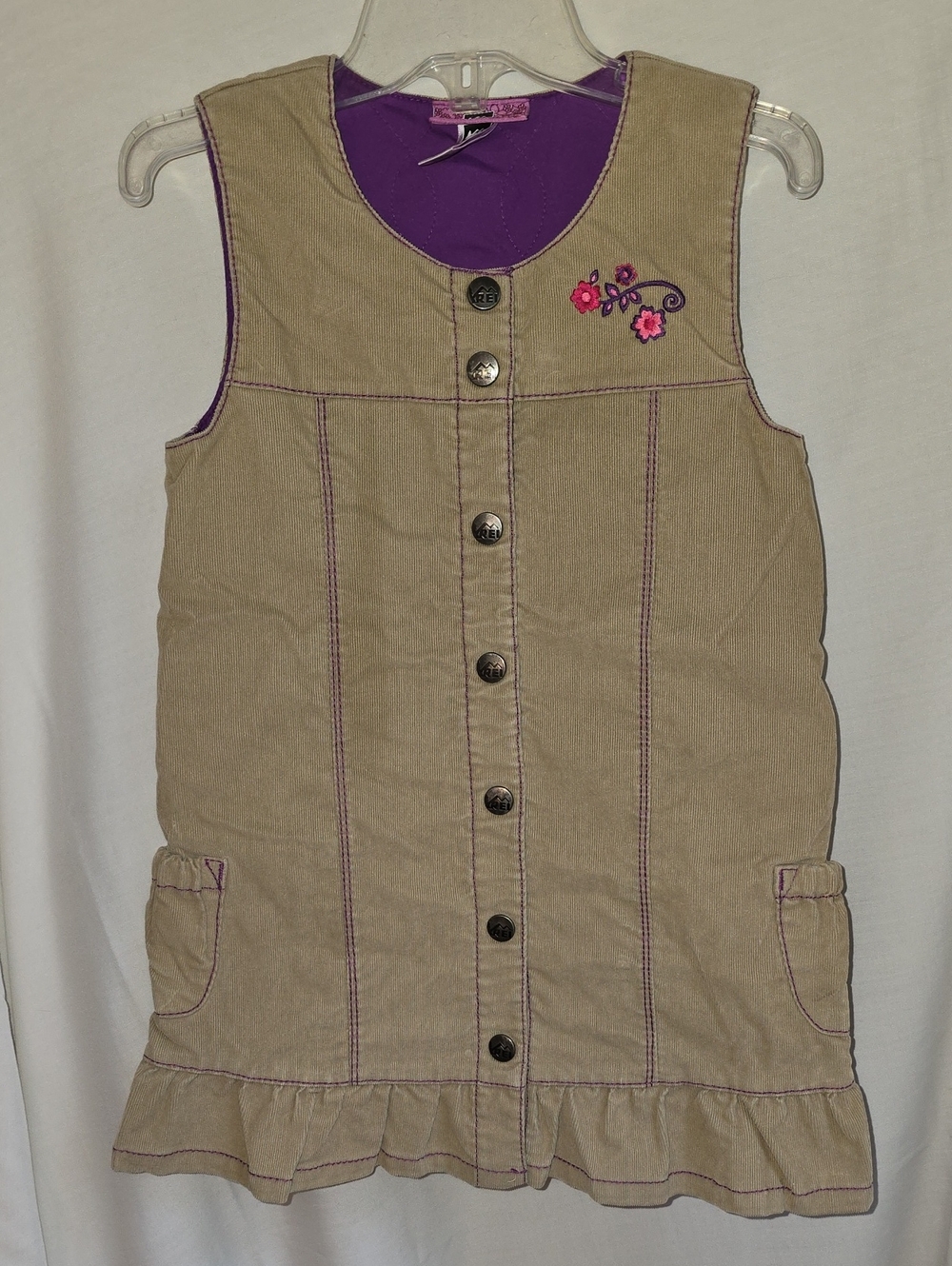 REI Khaki Button-Front Corduroy Dress with Purple Lining and Pink Floral Accent